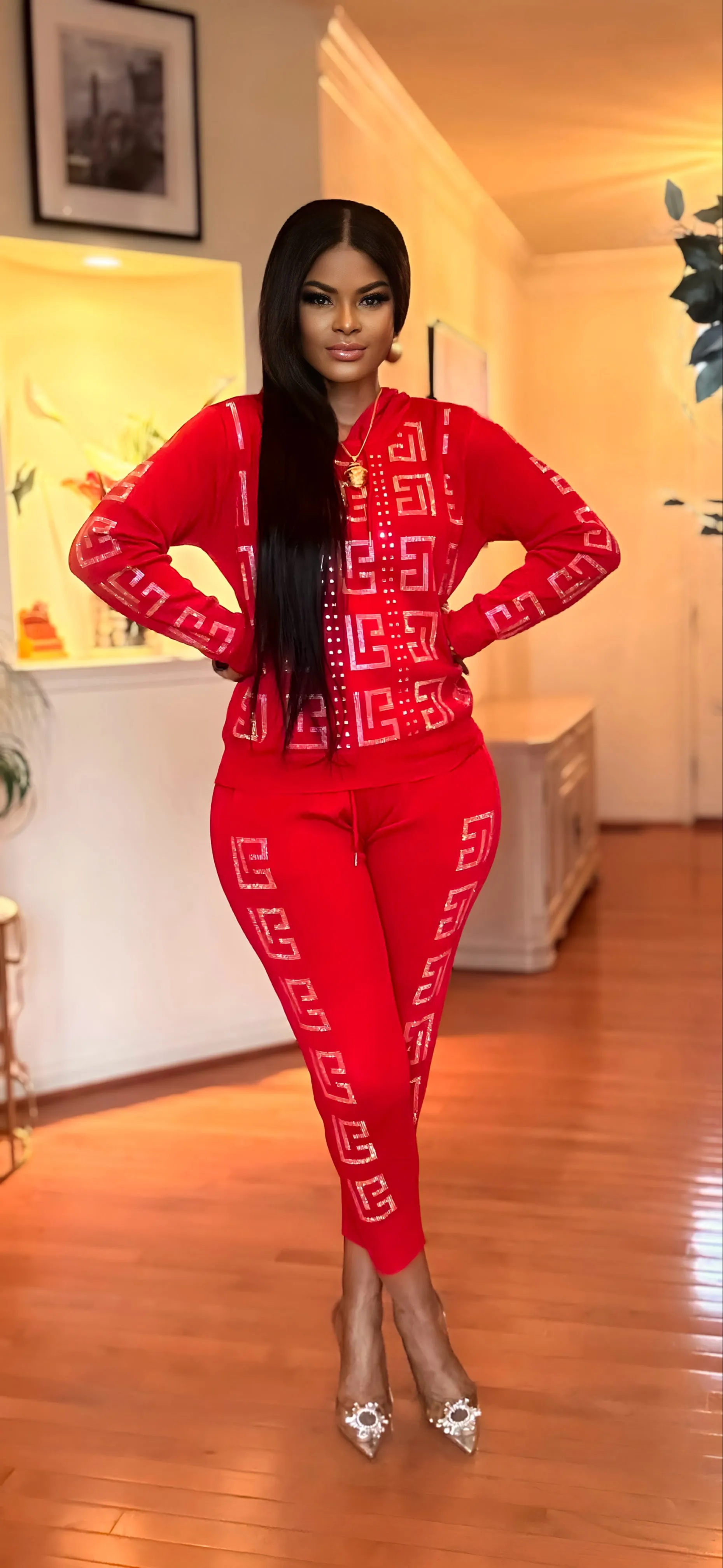 HOODIE RHINESTONE JOGGER KNIT SET(RED)