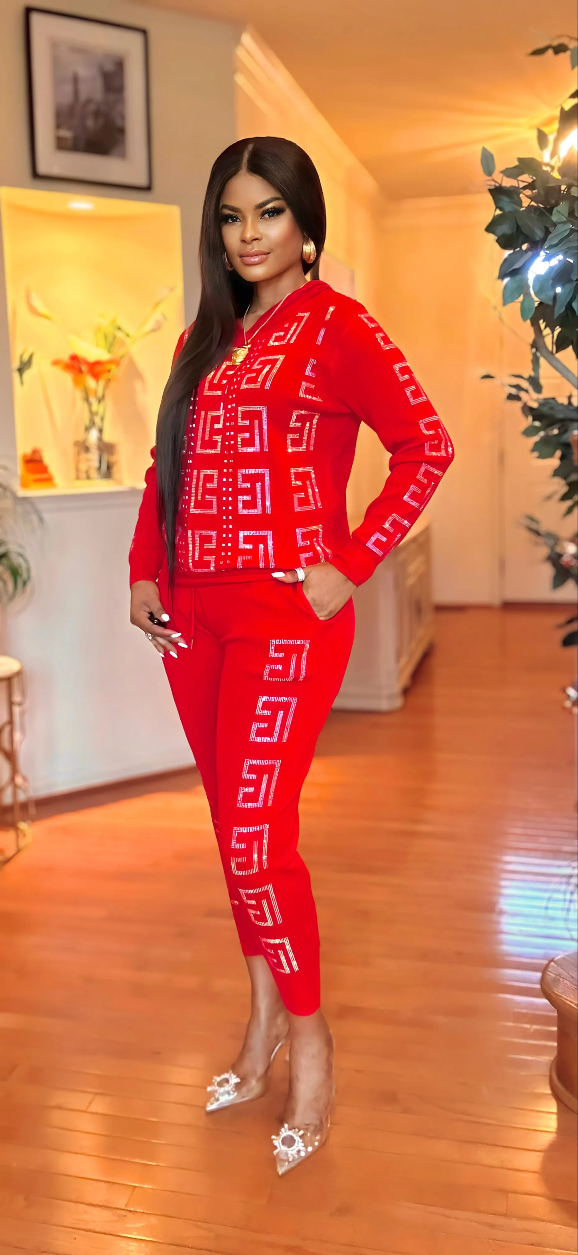 HOODIE RHINESTONE JOGGER KNIT SET(RED)