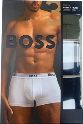 Hugo Boss Black/Navy/Khaki Logo waistband 3 Pack Power Boxer Trunks UK L