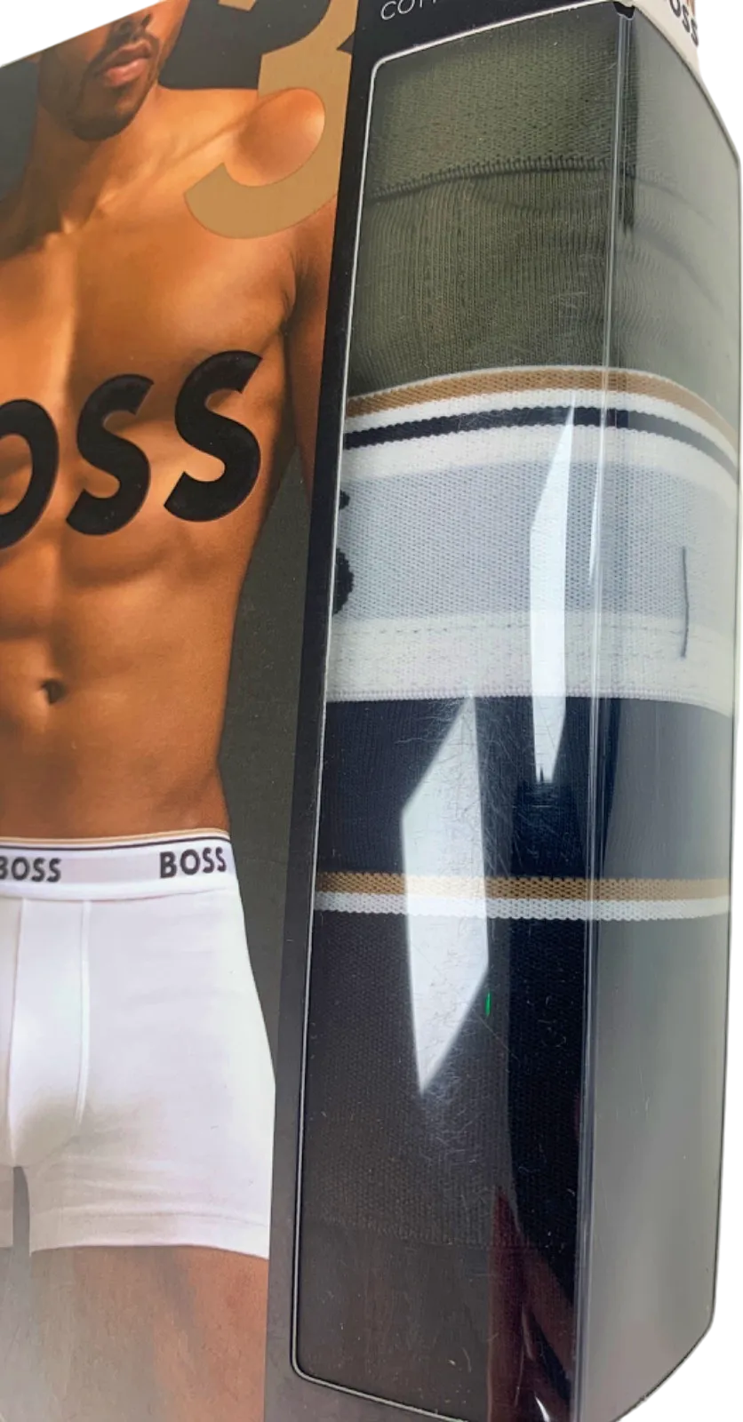 Hugo Boss Black/Navy/Khaki Logo waistband 3 Pack Power Boxer Trunks UK L