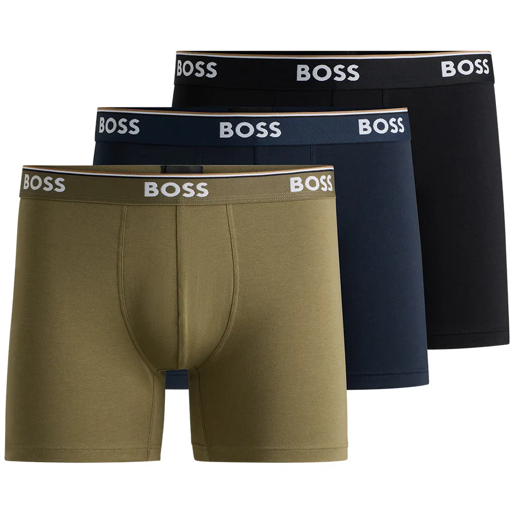 Hugo Boss Black/Navy/Khaki Logo waistband 3 Pack Power Boxer Trunks UK L