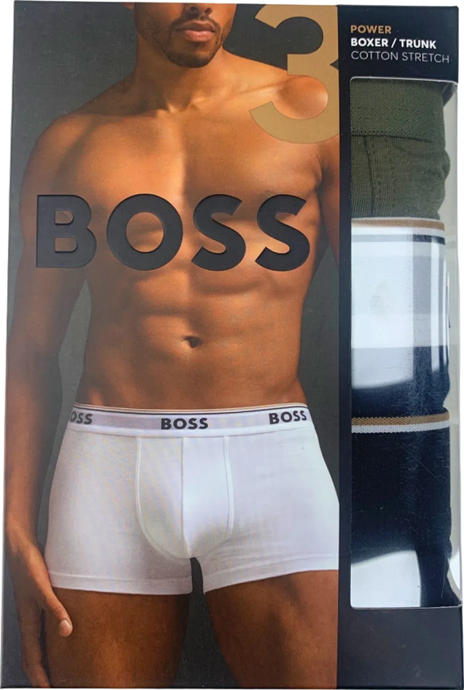 Hugo Boss Black/Navy/Khaki Logo waistband 3 Pack Power Boxer Trunks UK L