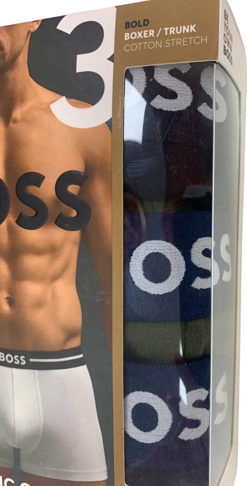 Hugo Boss Set of 3 Black/Khaki/Navy Logo waistband Organic Cotton Trunk Boxer Shorts UK M