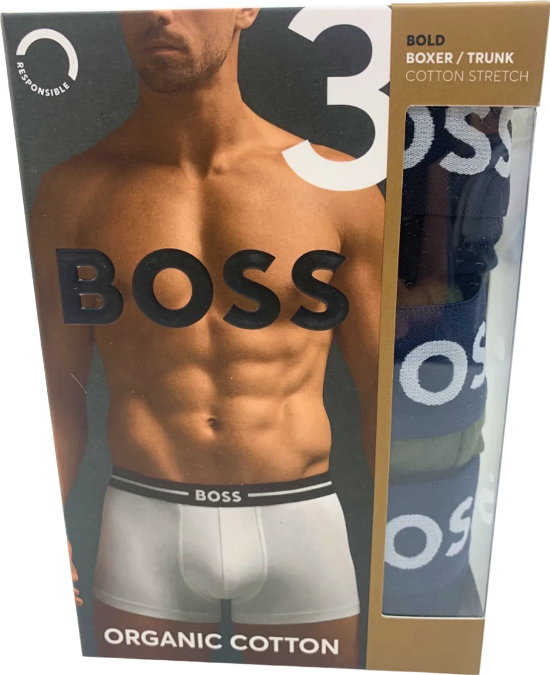 Hugo Boss Set of 3 Black/Khaki/Navy Logo waistband Organic Cotton Trunk Boxer Shorts UK M