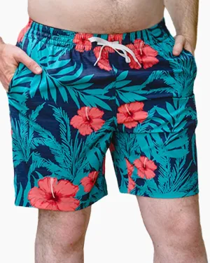 Men's Swim Beach Trunks - Green& Red Flower