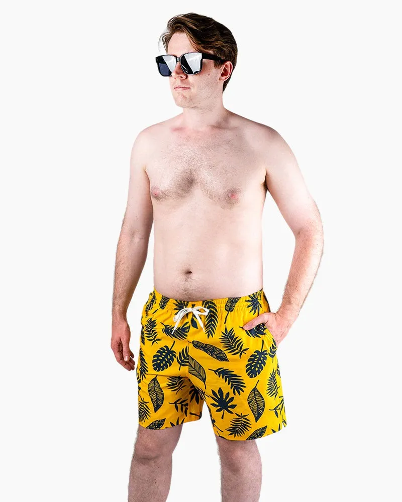 Men's Swim Beach Trunks - Yellow& Black Leaves