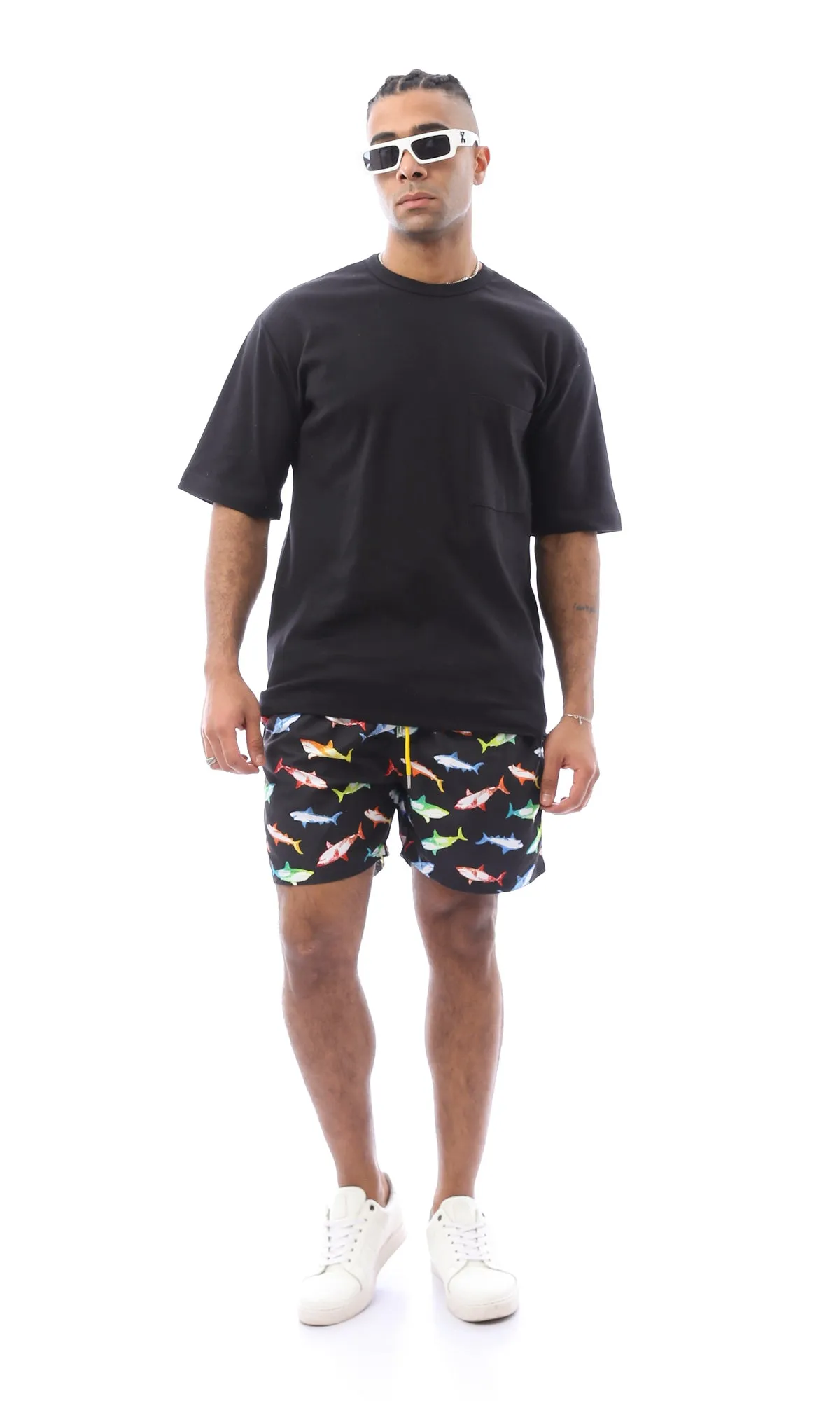 O167847 Colorful Sharks Slip On Black Swim Shorts