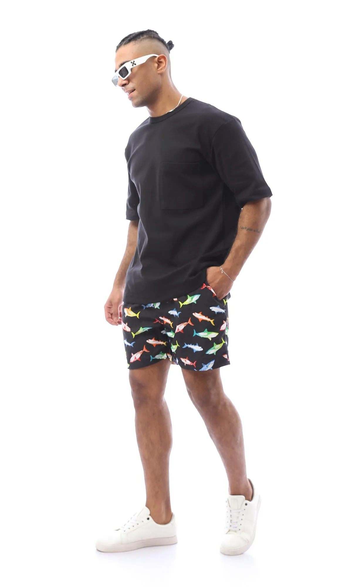 O167847 Colorful Sharks Slip On Black Swim Shorts