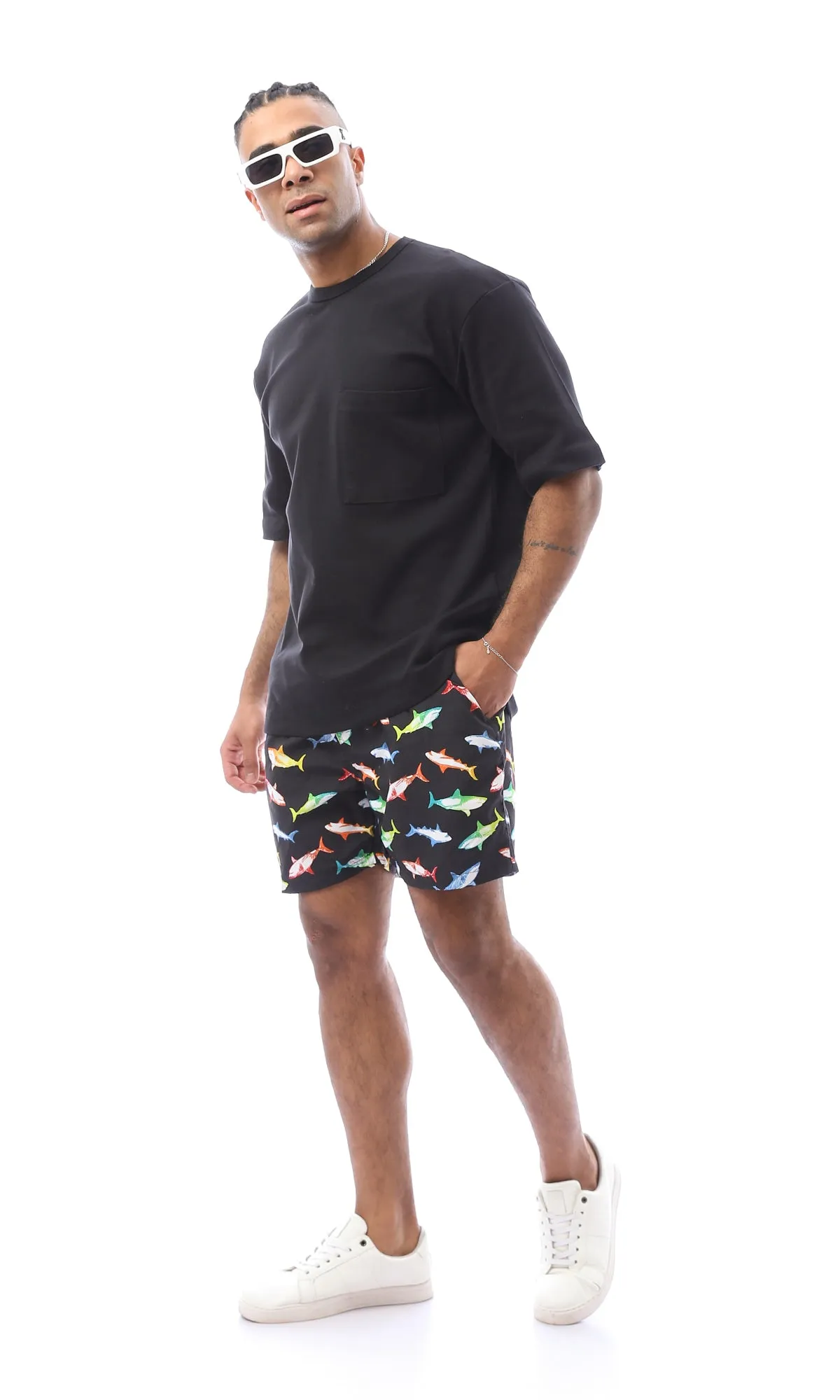 O167847 Colorful Sharks Slip On Black Swim Shorts