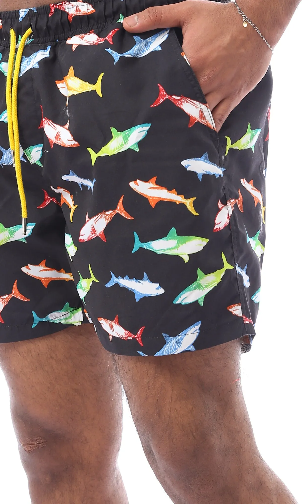 O167847 Colorful Sharks Slip On Black Swim Shorts