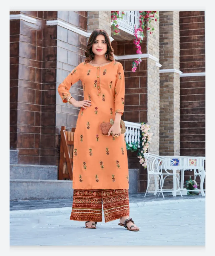 Peach Rayon Printed Kurti with Palazzo Pant