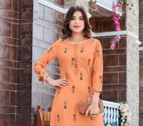 Peach Rayon Printed Kurti with Palazzo Pant