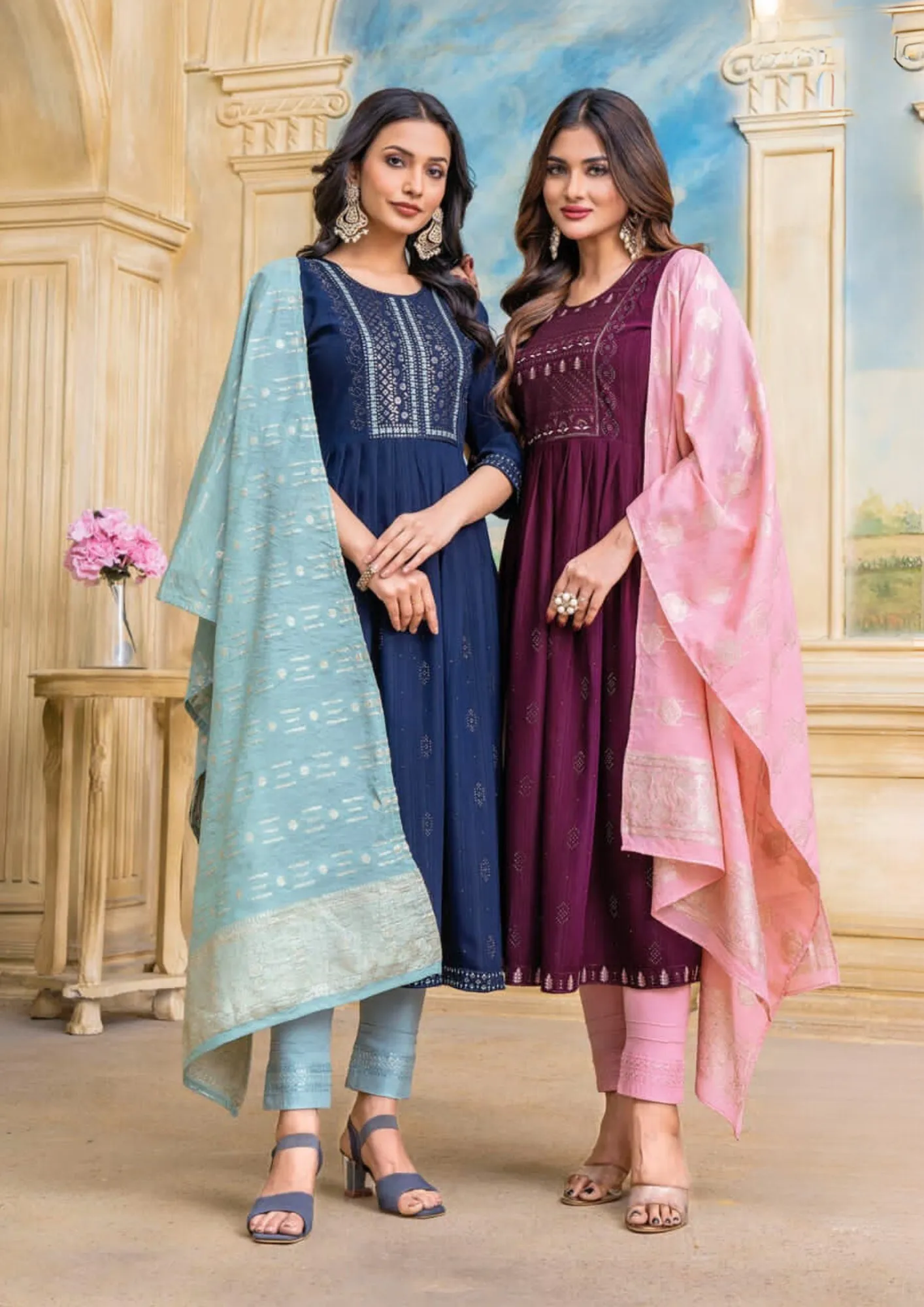 Pleasing Blue Colored Fancy Nylon Viscose Kurti With Lycra Pant & Fancy Dupatta