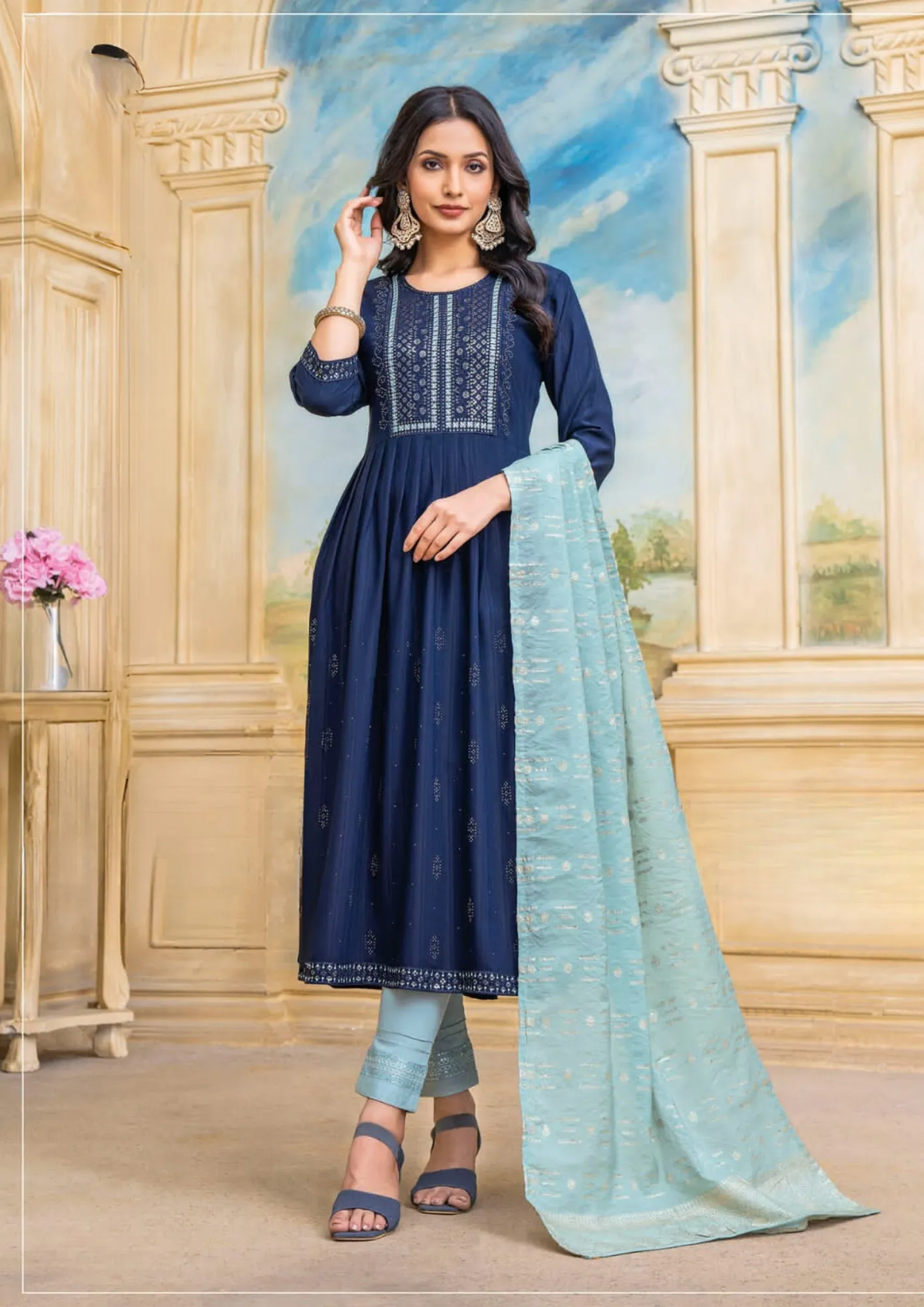 Pleasing Blue Colored Fancy Nylon Viscose Kurti With Lycra Pant & Fancy Dupatta