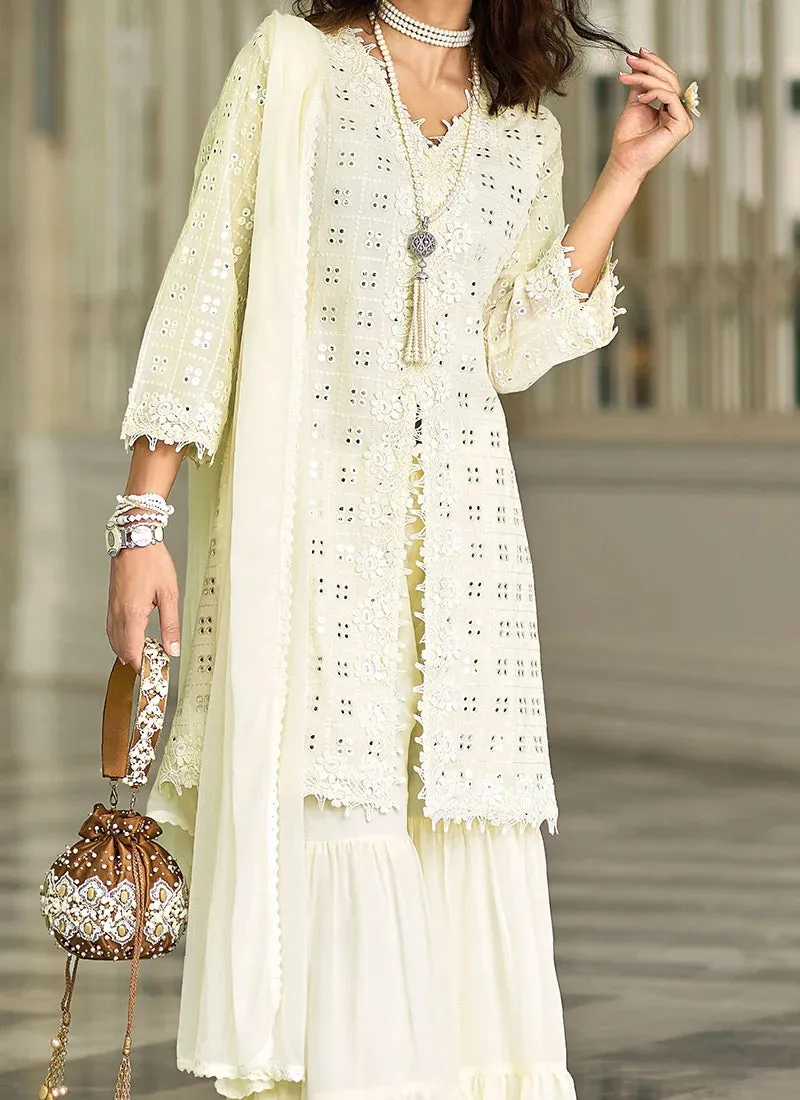 Pleasing White Color Georgette Embroidered Designer Party Wear Sharara Suits With Front Slit