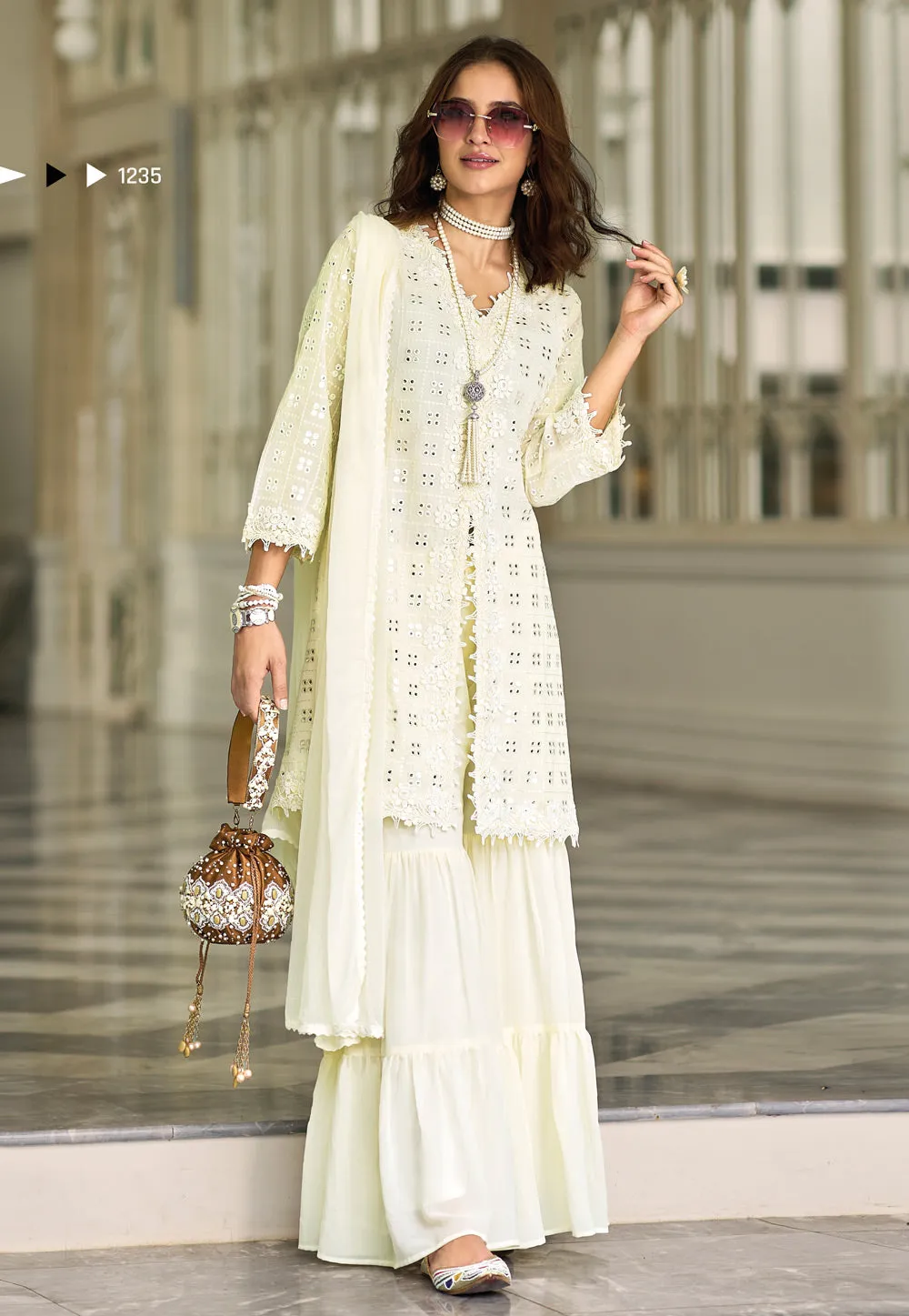 Pleasing White Color Georgette Embroidered Designer Party Wear Sharara Suits With Front Slit