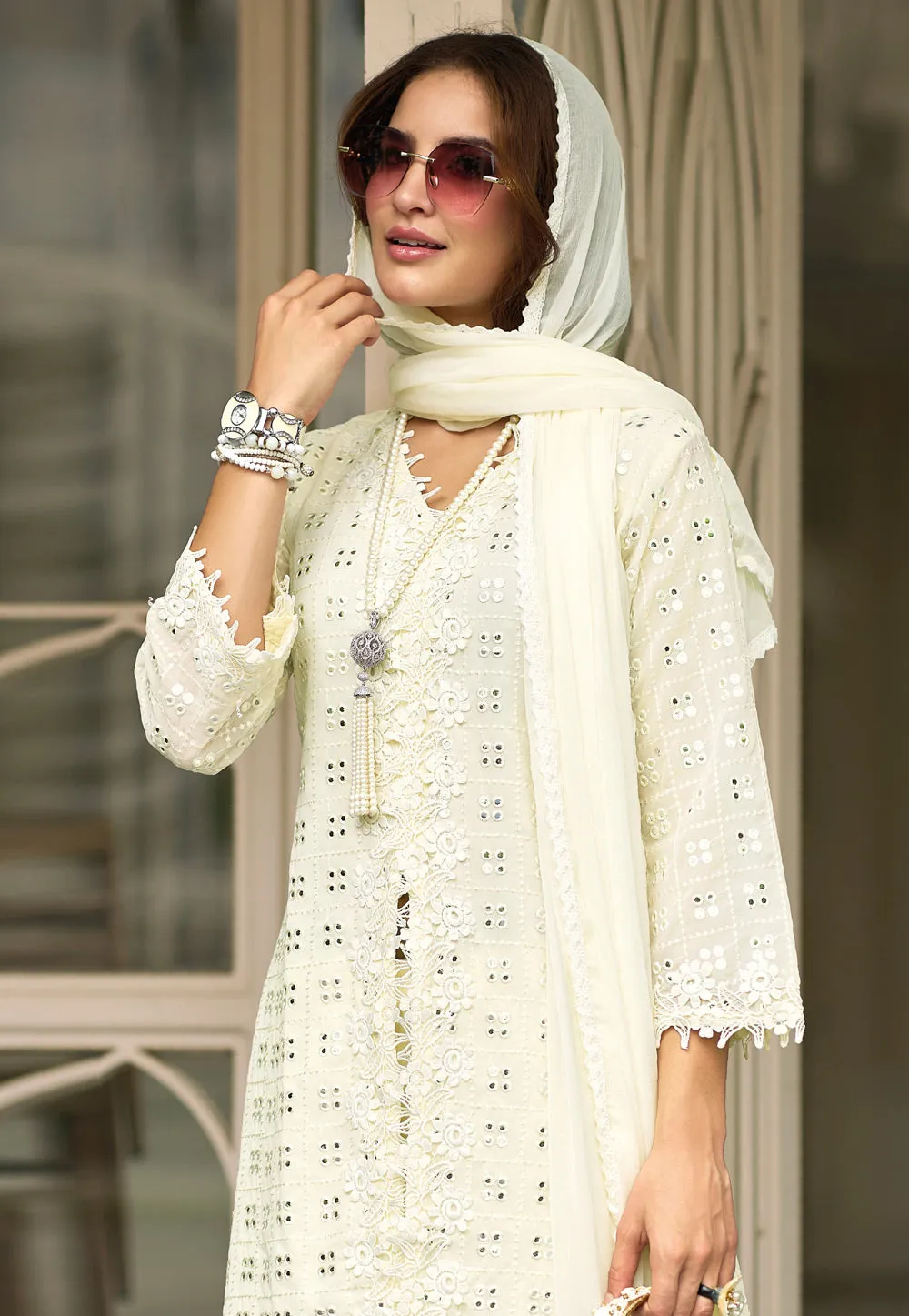 Pleasing White Color Georgette Embroidered Designer Party Wear Sharara Suits With Front Slit