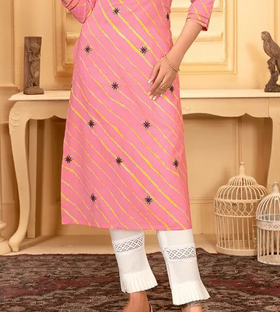 Pretty Pink Colored Cotton Printed Kurti With White Pencil  Pant Set