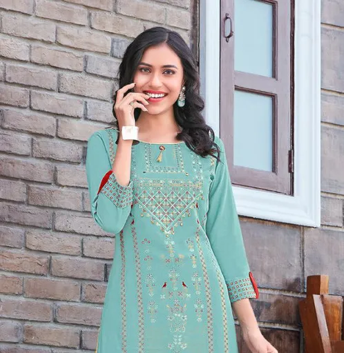 Sea Green Rayon Printed Womens Kurti With Palazzo Pant