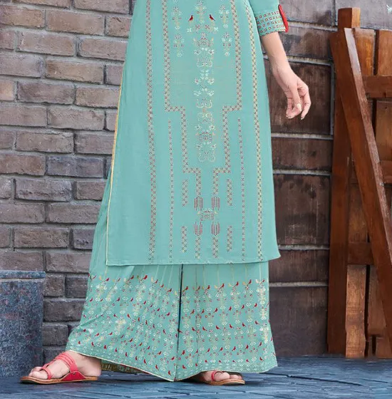 Sea Green Rayon Printed Womens Kurti With Palazzo Pant