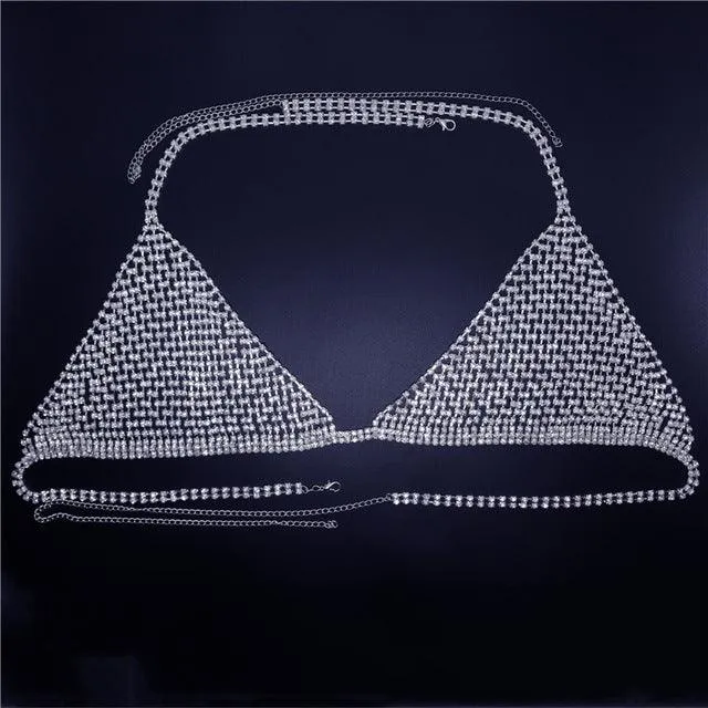 Shiny Rhinestone Body Chain Exaggerated Mesh Sexy Bra And Panty Set