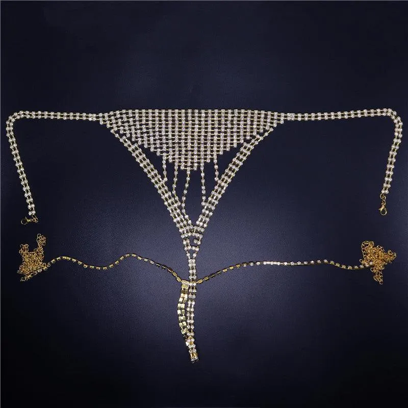 Shiny Rhinestone Body Chain Exaggerated Mesh Sexy Bra And Panty Set