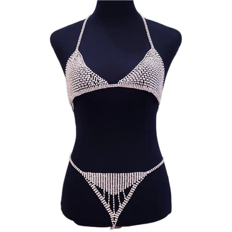 Shiny Rhinestone Body Chain Exaggerated Mesh Sexy Bra And Panty Set