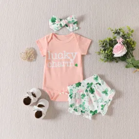 St. Patrick's Day 2023 Baby Girls' Set Alphabet Romper Four leaf Grass Printed Shorts Headband