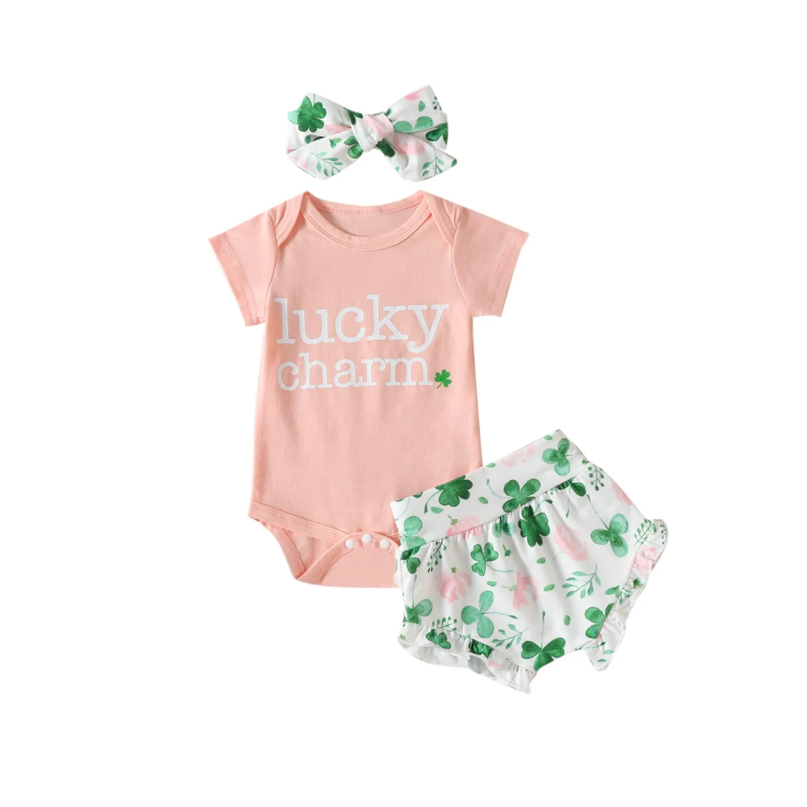 St. Patrick's Day 2023 Baby Girls' Set Alphabet Romper Four leaf Grass Printed Shorts Headband