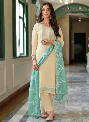 Traditional Beige Color Organza Festive Wear Embroidered Designer Salwar Kameez With Dupatta