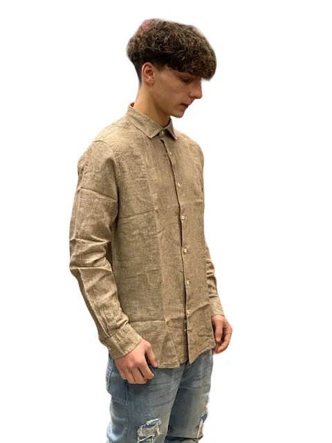 Trez Men's linen shirt long sleeve Celsio-1217 tobacco