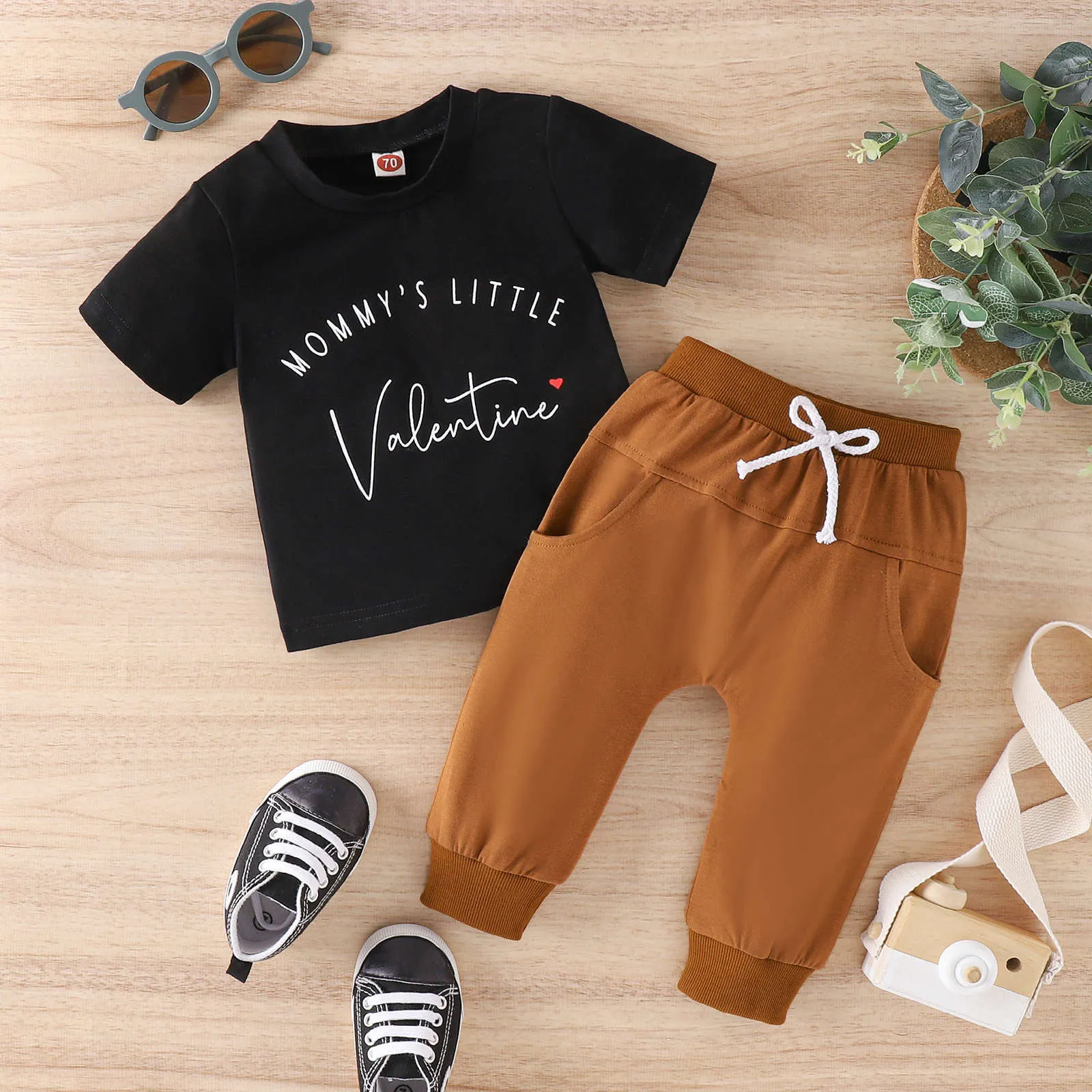 Valentine's Day Spring and Summer Letter Printing T-shirt Pants Fashion Men's Treasure Baby Set