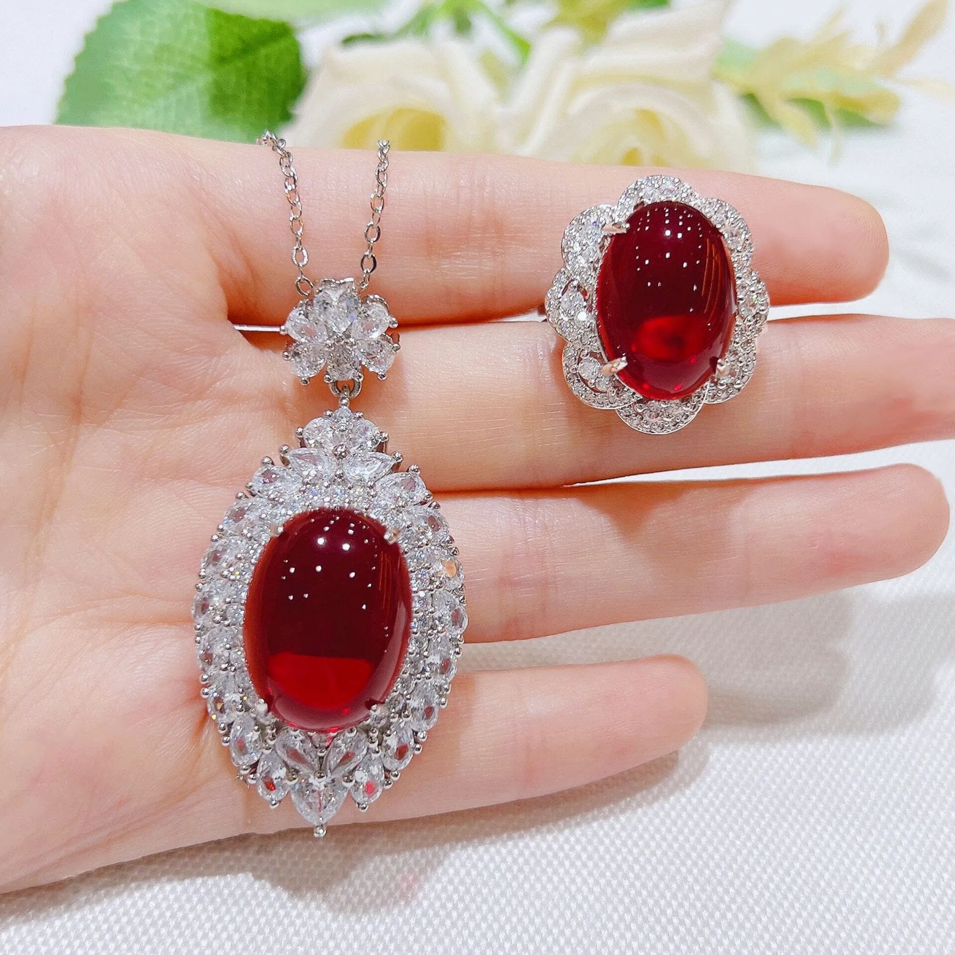 Vintage Oval Ruby Crystal Jewelry Set